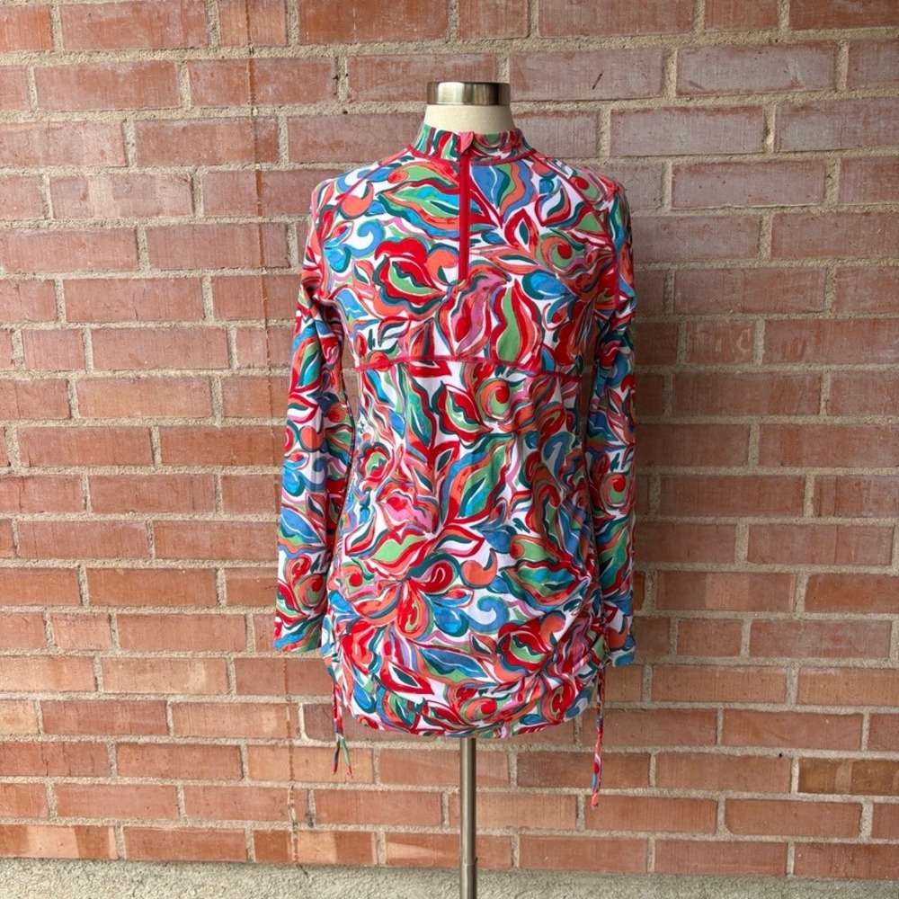 Coolibar Lawai Ruche‎ Swim Shirt Womens S UPF 50+ Long Sleeve Quarter Zip Floral
